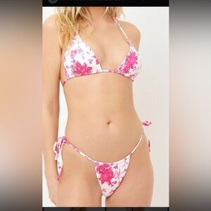 Frankie's Bikinis Pink and White Floral String Bikini